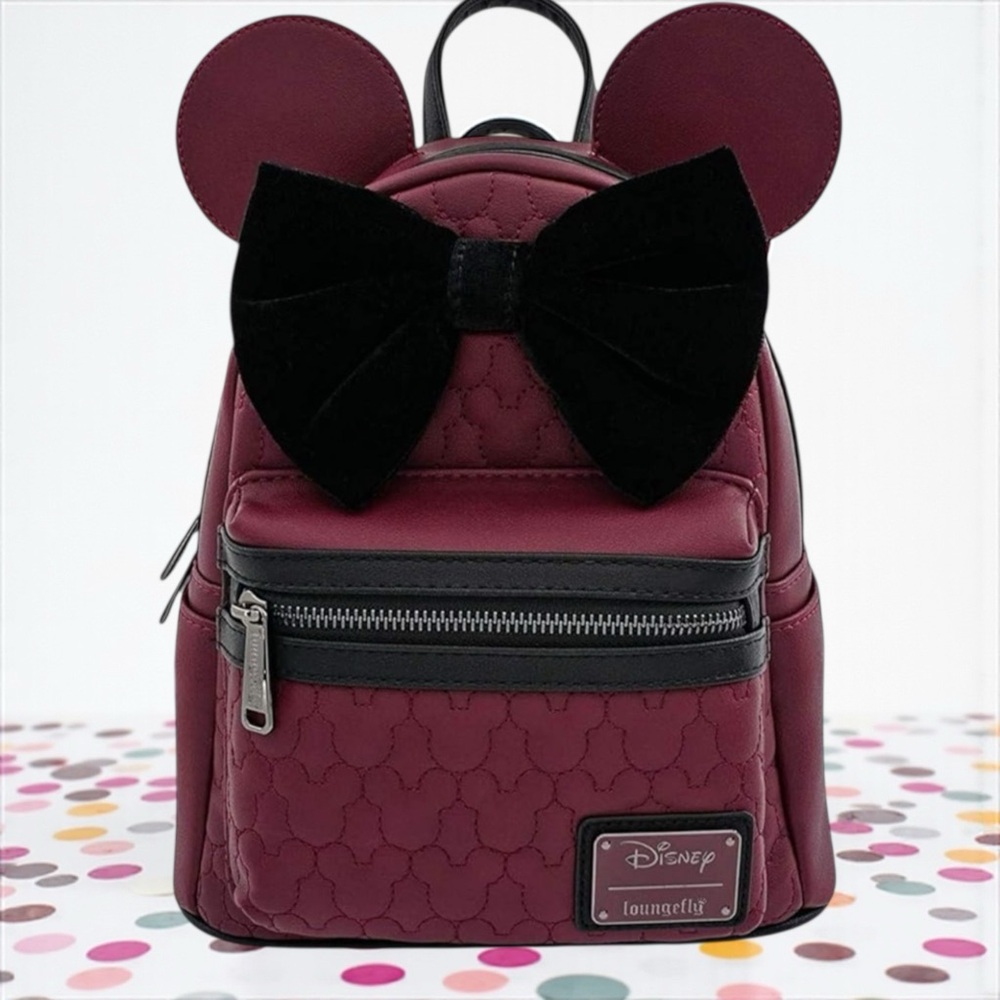 Loungefly Minnie Mouse Maroon Quilted Double Strap Shoulder Bag Backpack NWT